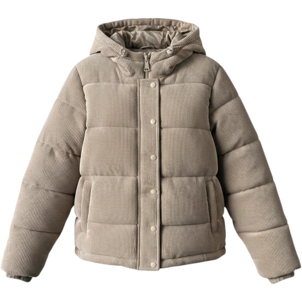 Ci Sono Puffer Jacket Corduroy Hooded Quilted Coat Medium Khaki Tan Winter Warm